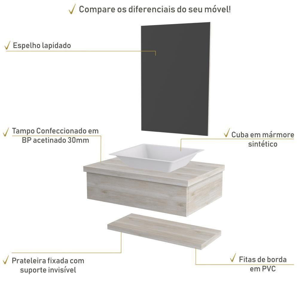 Conjunto Bancada C-cuba Messina, Prateleira E Espelheira Metrópole 606 Preto ônix Snow - 3