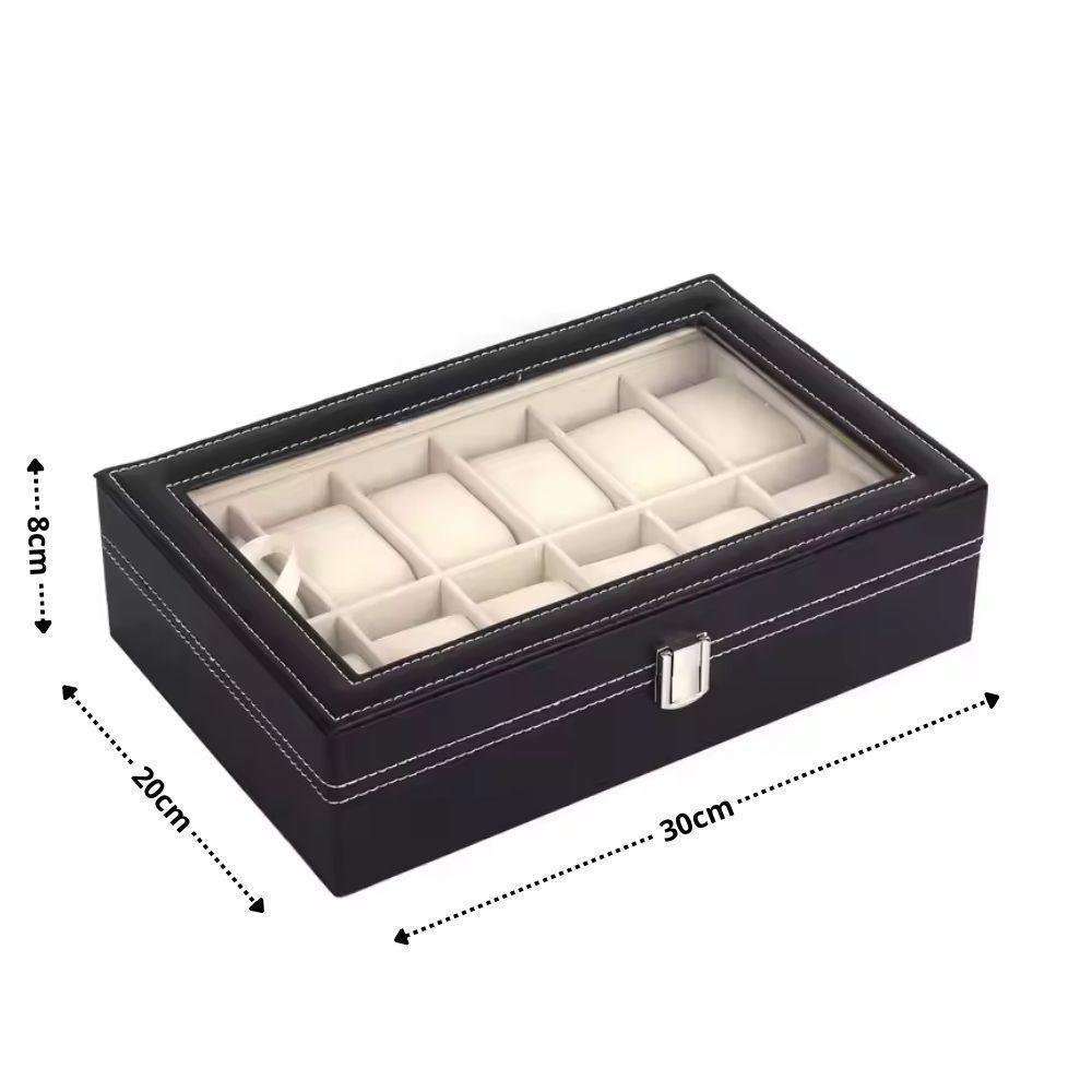 Maleta Porta 12 Relogio Estojo Caixa Organizador Aneis Joias Brincos Em Madeira E Couro Com Visor De Vidro - 5