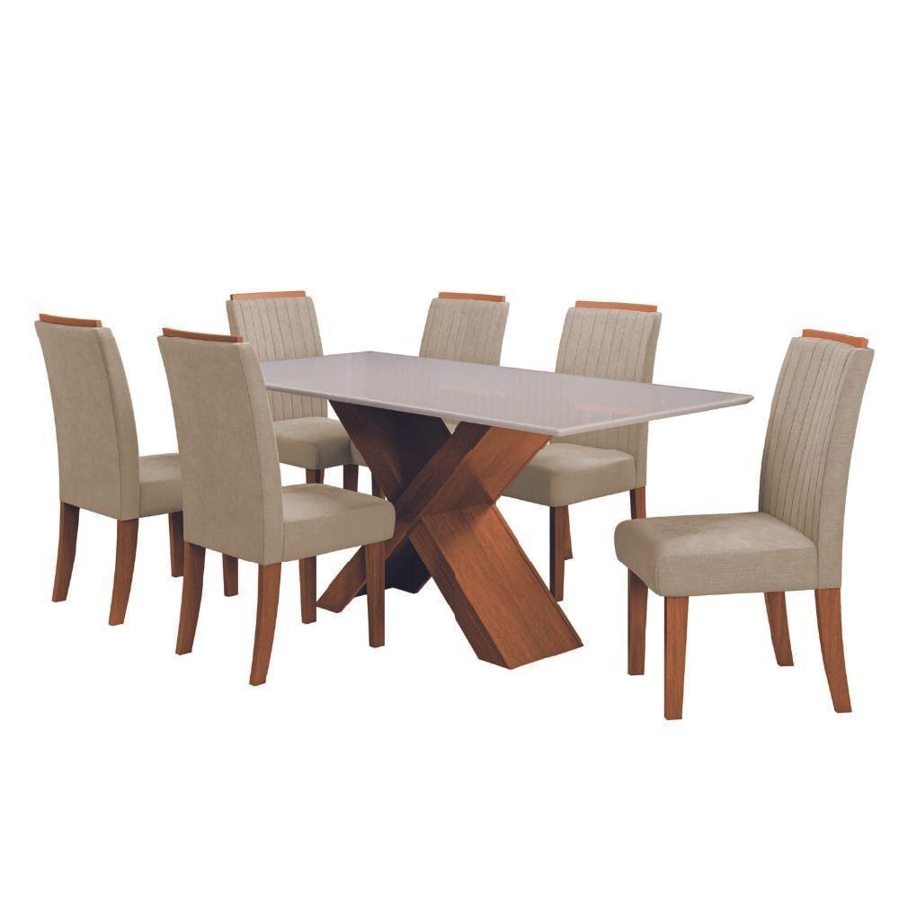 Conjunto Mesa de Jantar com Vidro 1,80m e 6 Cadeiras Grécia Dobuê - Madeirado/Bege - 1