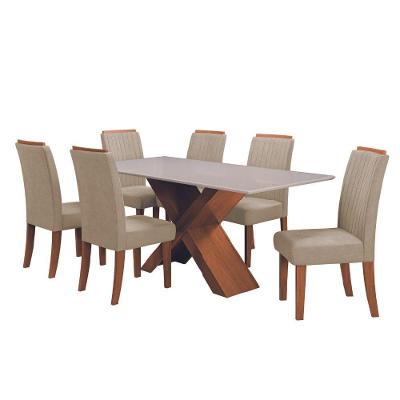 Conjunto Mesa de Jantar com Vidro 1,80m e 6 Cadeiras Grécia Dobuê - Madeirado/Bege