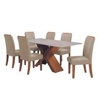Conjunto Mesa de Jantar com Vidro 1,80m e 6 Cadeiras Grécia Dobuê - Madeirado/Bege - 1
