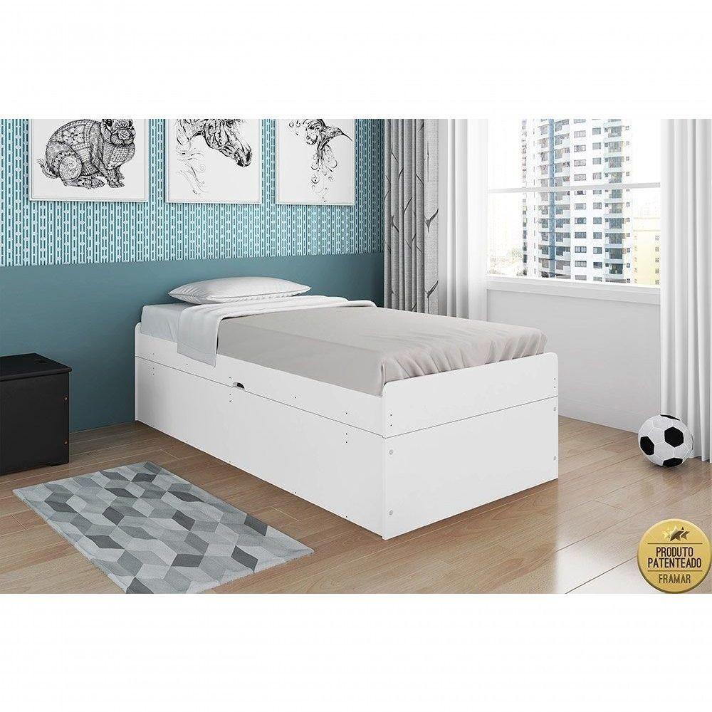 Cama Baú Espaçosa Solteiro Camila Branca Com Colchão - 1