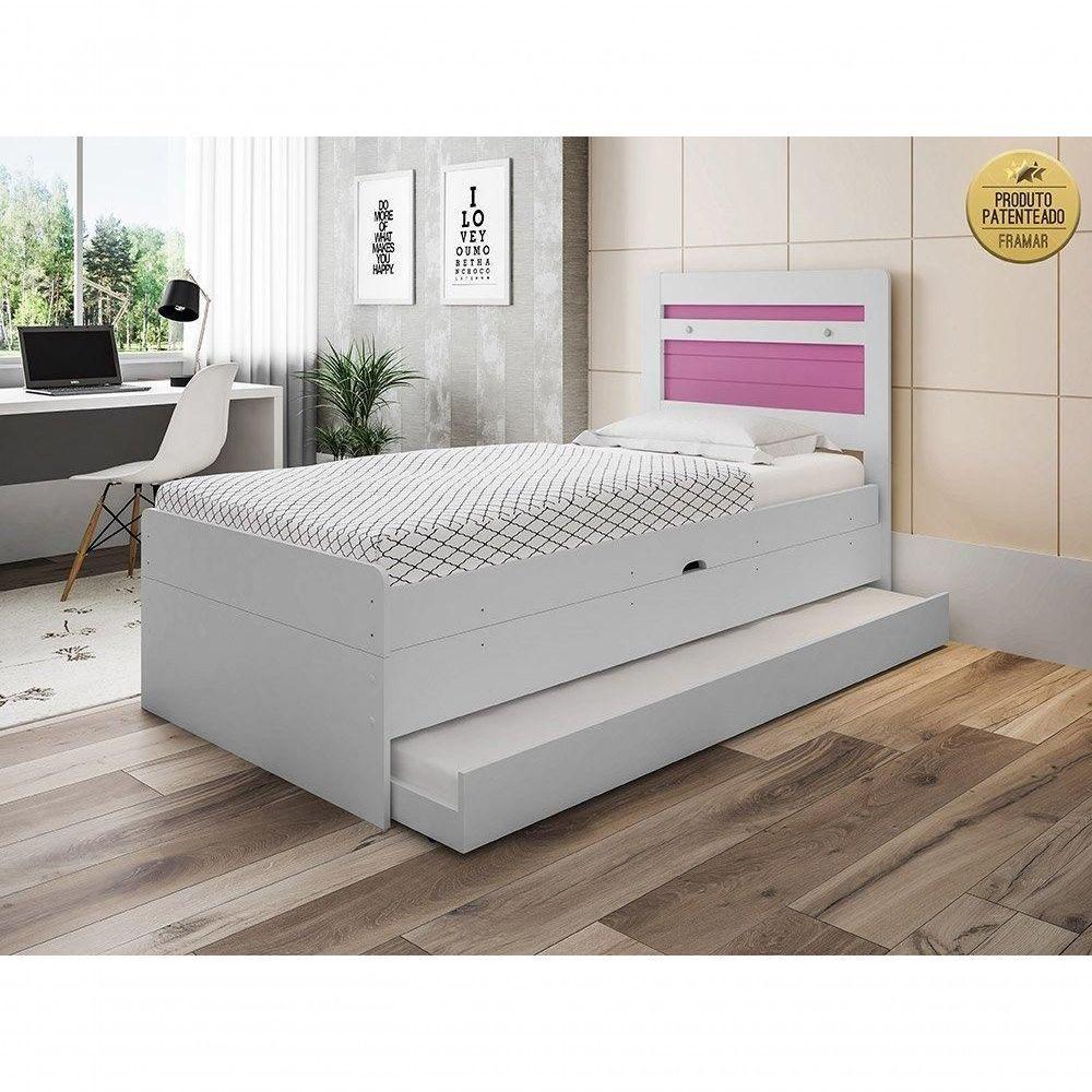 Cama Baú Larissa Com Auxiliar Em Mdf Framar Branco Rosa - 1