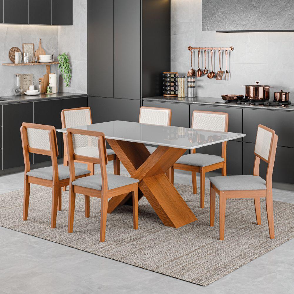 Conjunto De Mesa Sala De Jantar Tampo Com Vidro 1,60m Grécia 6 Cadeiras Santiago Dobuê Madeirado Cinza - 3