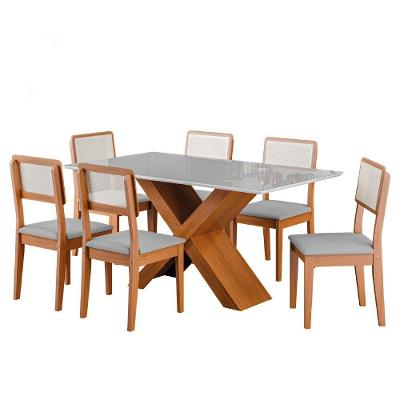 Conjunto De Mesa Sala De Jantar Tampo Com Vidro 1,60m Grécia 6 Cadeiras Santiago Dobuê Madeirado Cinza