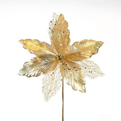 Kit 4 Flor Artificial Decoração Natal Brilho Dourada 30cm