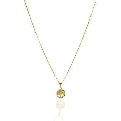 Colar Com Pingente De Circulo Da árvore Da Vida Com Zircônia Colorida Banhado Em Ouro 18k