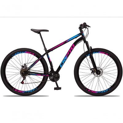 Bicicleta Aro 29 Aço Carbono 21V Cripto Freios À Disco Quadro 17 Preto Azul Rosa