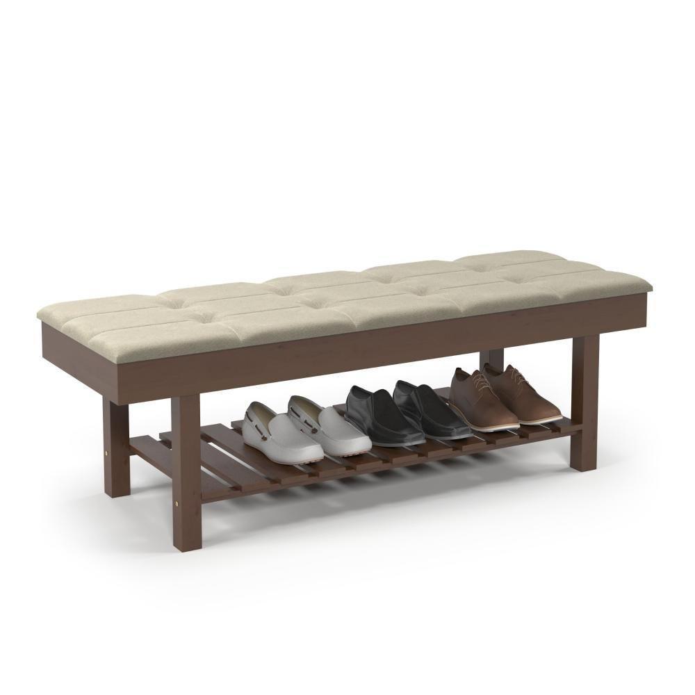 Banco Em Madeira Almofadado Com Sapateira Bege Linho - 1
