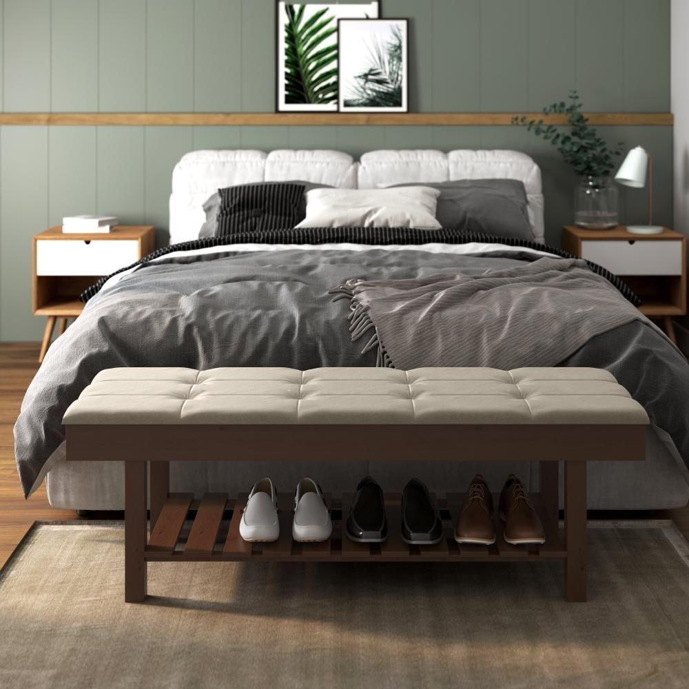 Banco Em Madeira Almofadado Com Sapateira Bege Linho - 2