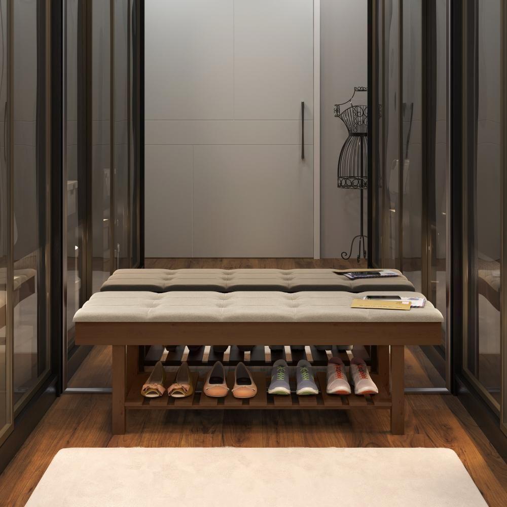 Banco Em Madeira Almofadado Com Sapateira Bege Linho - 4