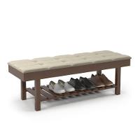 Banco Em Madeira Almofadado Com Sapateira Bege Linho - 1