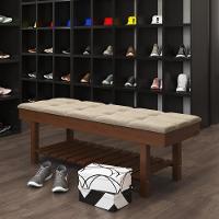 Banco Em Madeira Almofadado Com Sapateira Bege Linho - 3