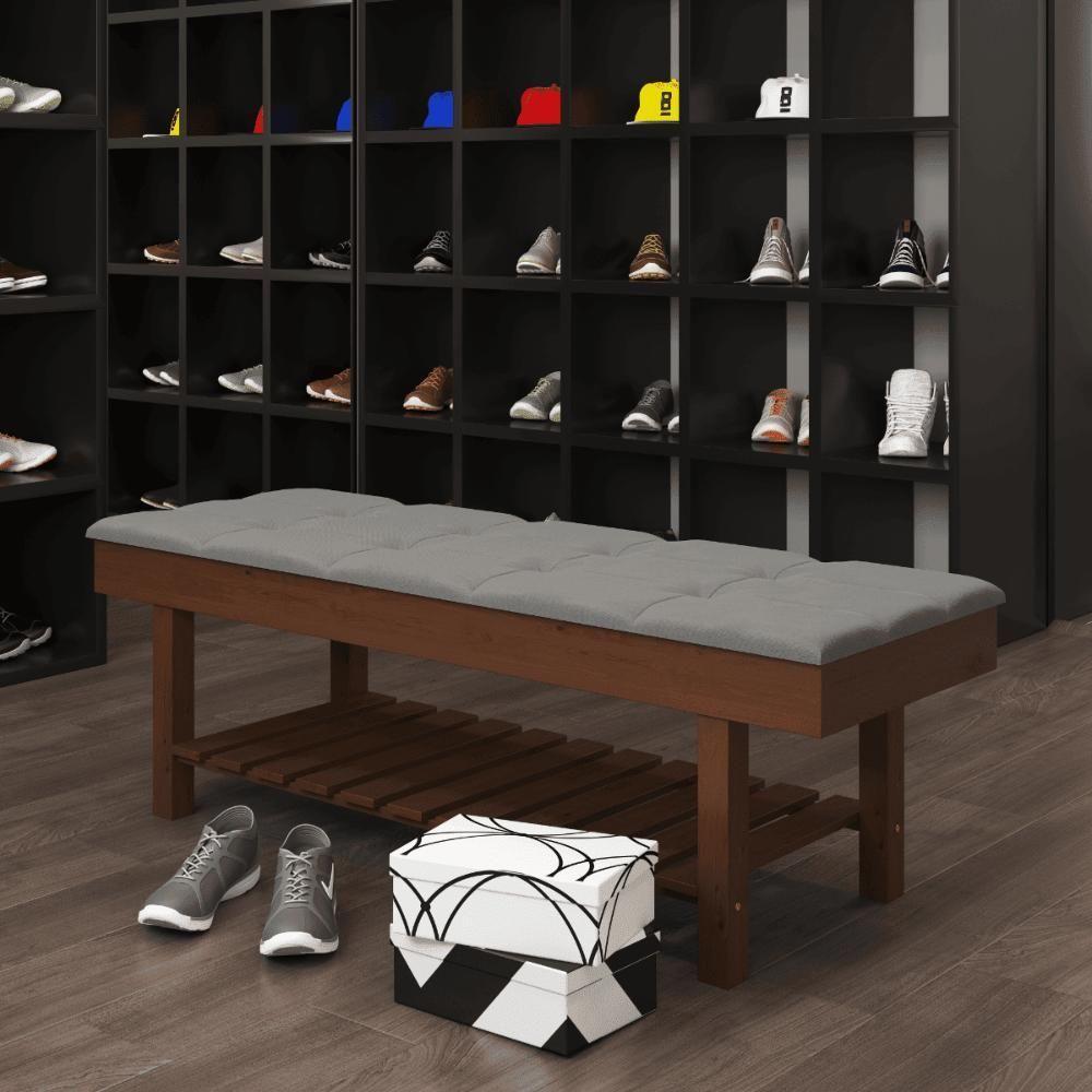 Banco Em Madeira Almofadado Com Sapateira Cinza Pena - 1