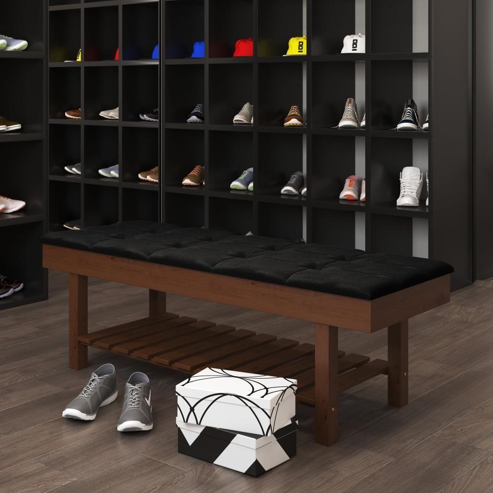 Banco Em Madeira Almofadado Com Sapateira Preto Pavia - 1