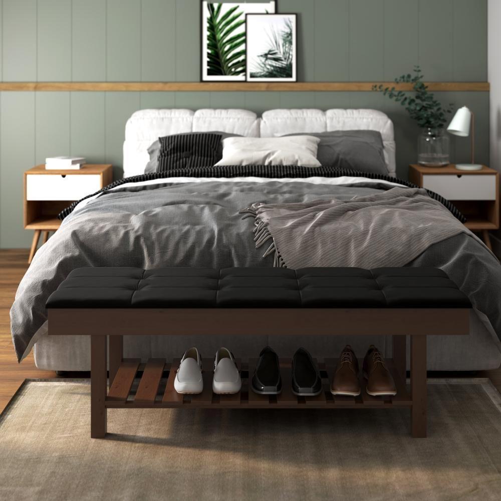 Banco Em Madeira Almofadado Com Sapateira Preto Pavia - 3