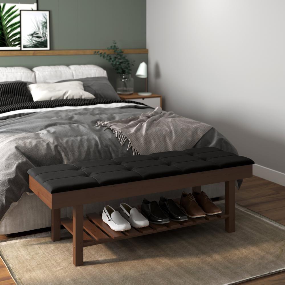 Banco Em Madeira Almofadado Com Sapateira Preto Pavia - 4