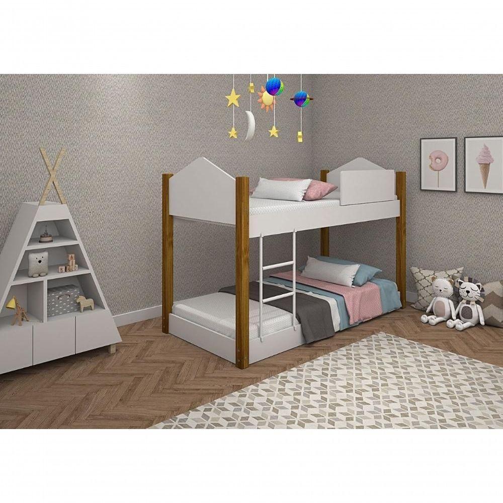 Beliche Infantil-juvenil Luiza Branco-mel Com Pés De Madeira E Dois Colchões - 1