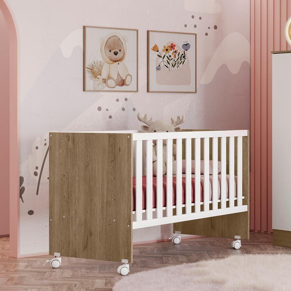 Berço Aurora Reto Carv Toq Rustico-branco Com Rodízios - 1