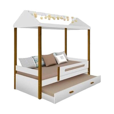 Cama Casa Solteiro Sara Branca Com Led, Auxiliar E 02 Colchões