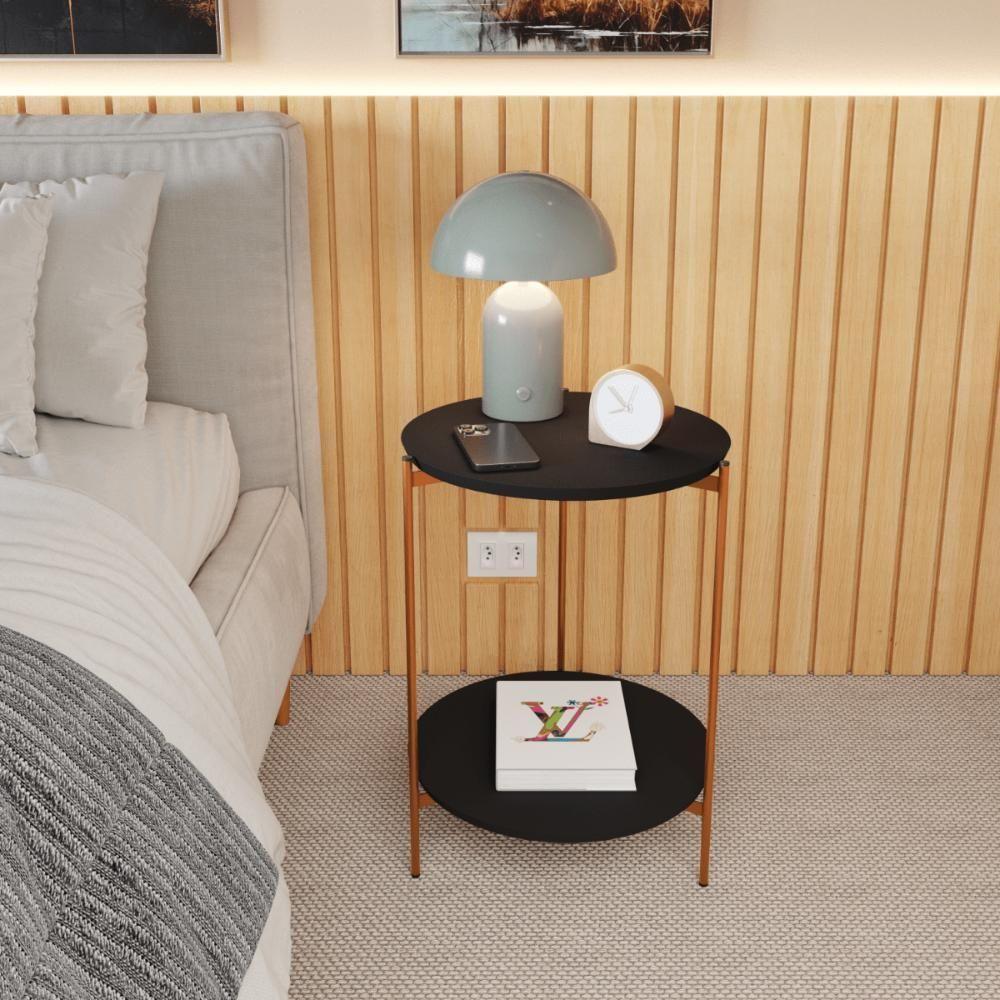 Mesa De Apoio Lateral Duda Preto Com Pés De Ferro Bronze - 1