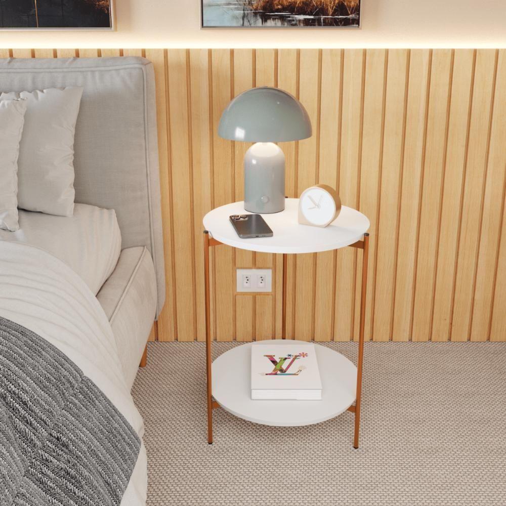 Mesa De Apoio Lateral Duda Branco Com Pés De Ferro Bronze - 1