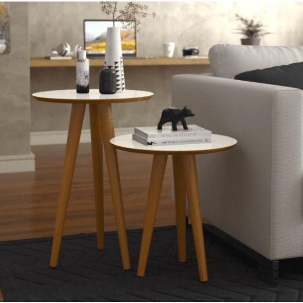 Conjunto 2 Mesas Laterais Pés Palito Em Madeira 4202 Sala Off White-freijo - 1