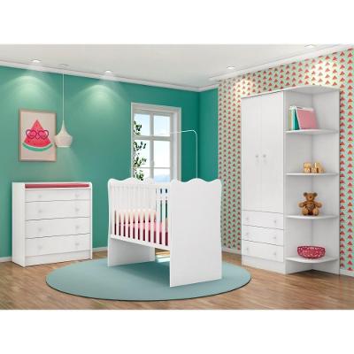 Conjunto Infantil Aurora Branco: Guarda-roupa Aurora + Berço Aurora + Cômoda Aurora