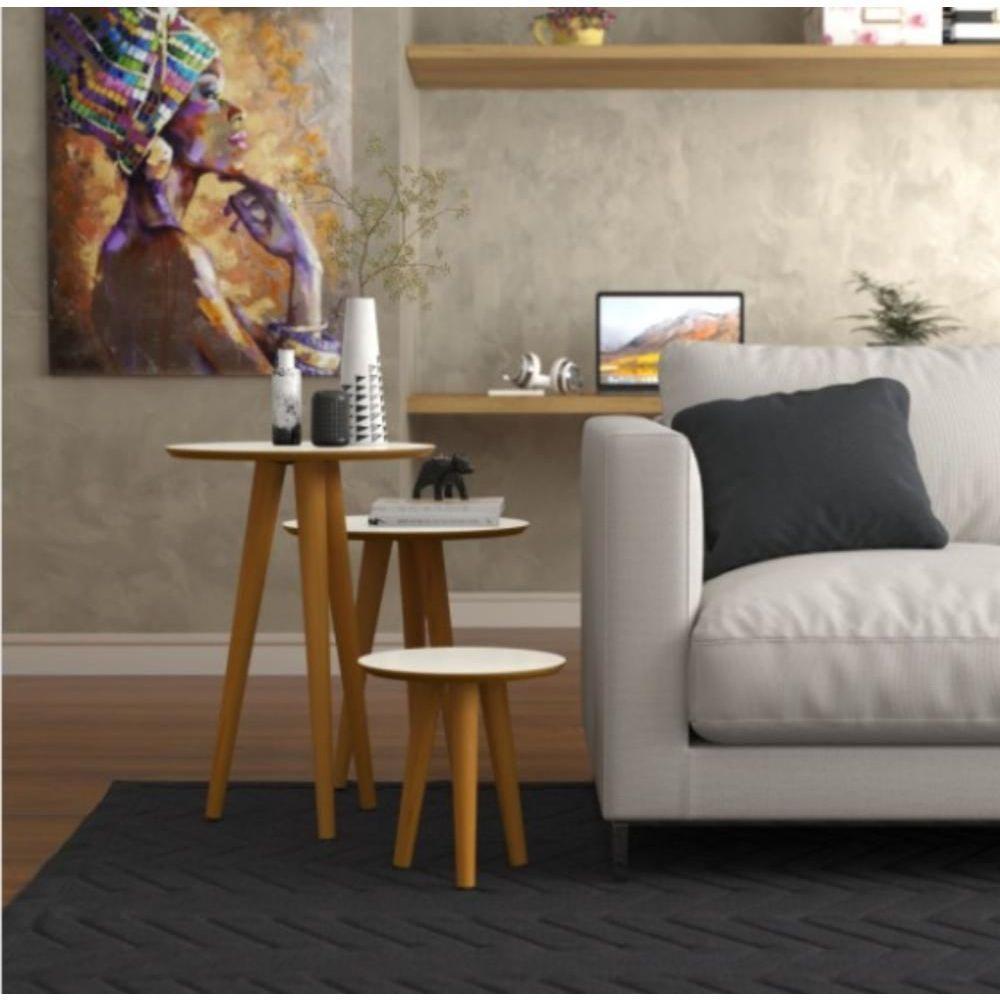 Conjunto 3 Mesas Laterais Pés Palito Em Madeira 4305 Sala Off White-freijo - 1