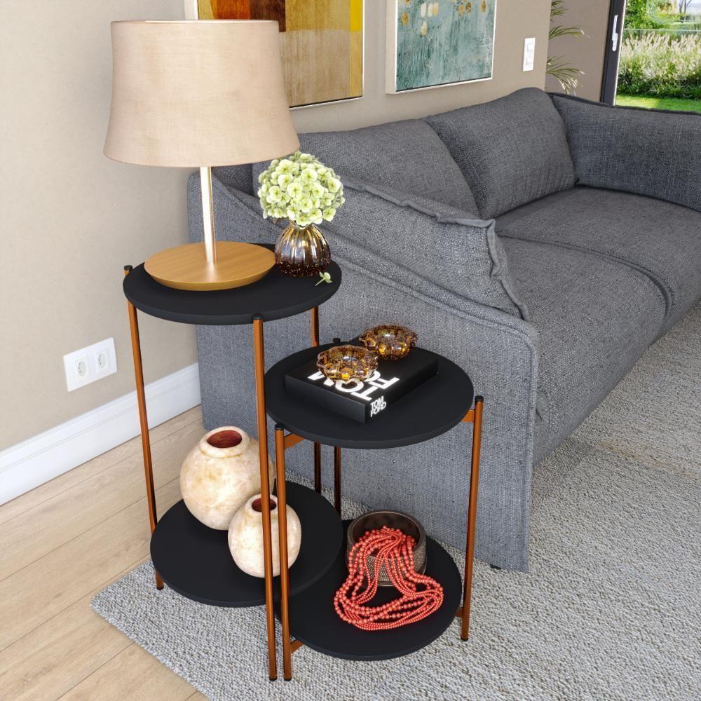 Conjunto Mesa De Centro E Lateral Lunis Preto Com Pés De Ferro Bronze - 1