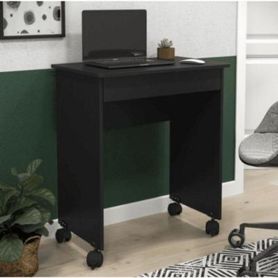 Mesa Escrivaninha Compacto 1 Gaveta MDF com Rodízios para Quarto e Office Preto