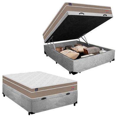 Cama Box Baú Casal Suede + Colchão Lis Molas Ensacadas Plumatex 138cm – Suporta Até 120 Kg Por Pessoa Cinza