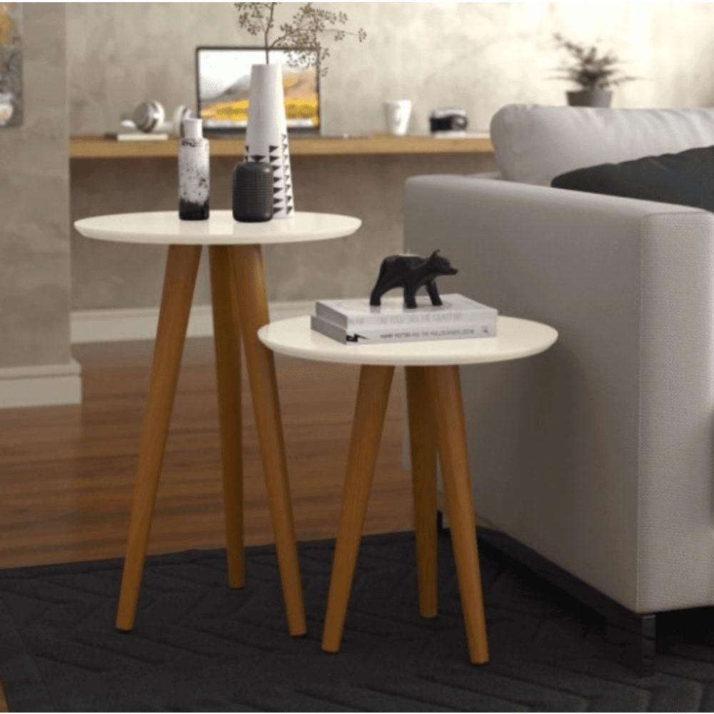 Conjunto 2 Mesas Laterais Pés Palito Em Madeira 4301 Sala Off White - 2
