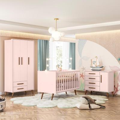 Conjunto Infantil Retrô Rosa Orion: Berço Orion Mini Cama + Guarda-roupa Orion + Cômoda Orion