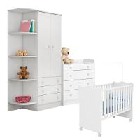 Conjunto Infantil Aurora Branco: Berço Aurora + Kit Rodízios + Cômoda Aurora + Guarda-roupa Aurora - 3