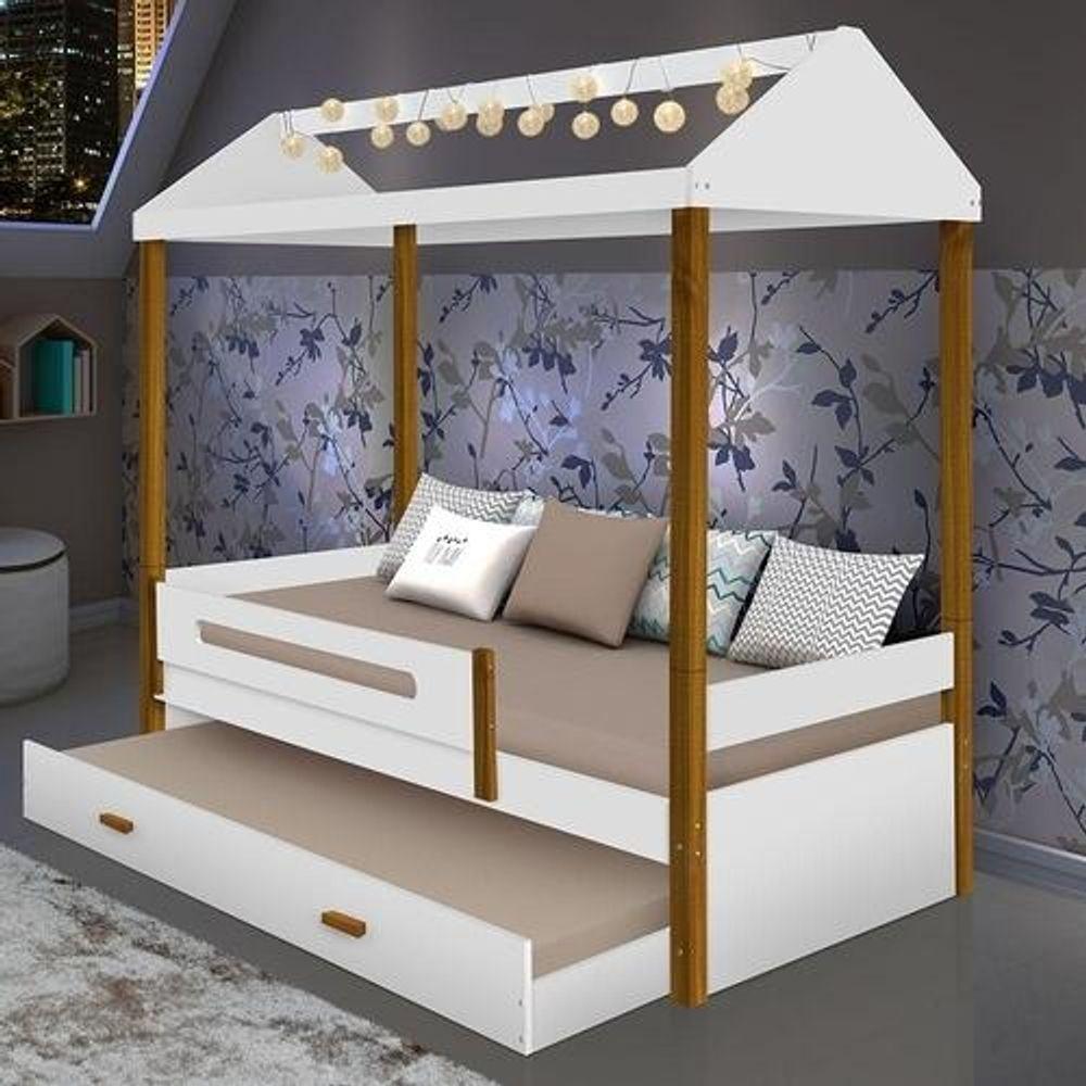 Cama Solteiro Sara Branca Com Cama Auxiliar E Led Com Colchão - 1