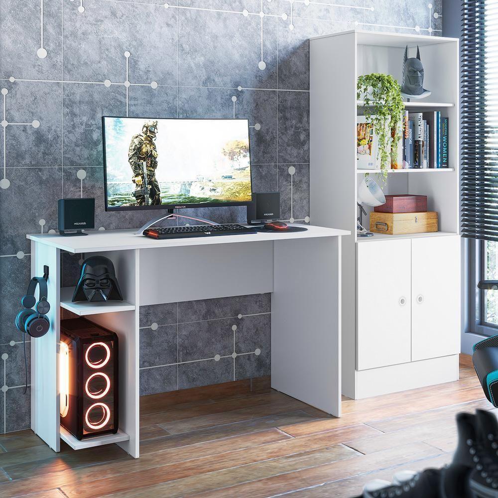 Conjunto Shadow Branco: Mesa Vortex Prateleira E Suporte Para Cpu+ Armário Império - 1