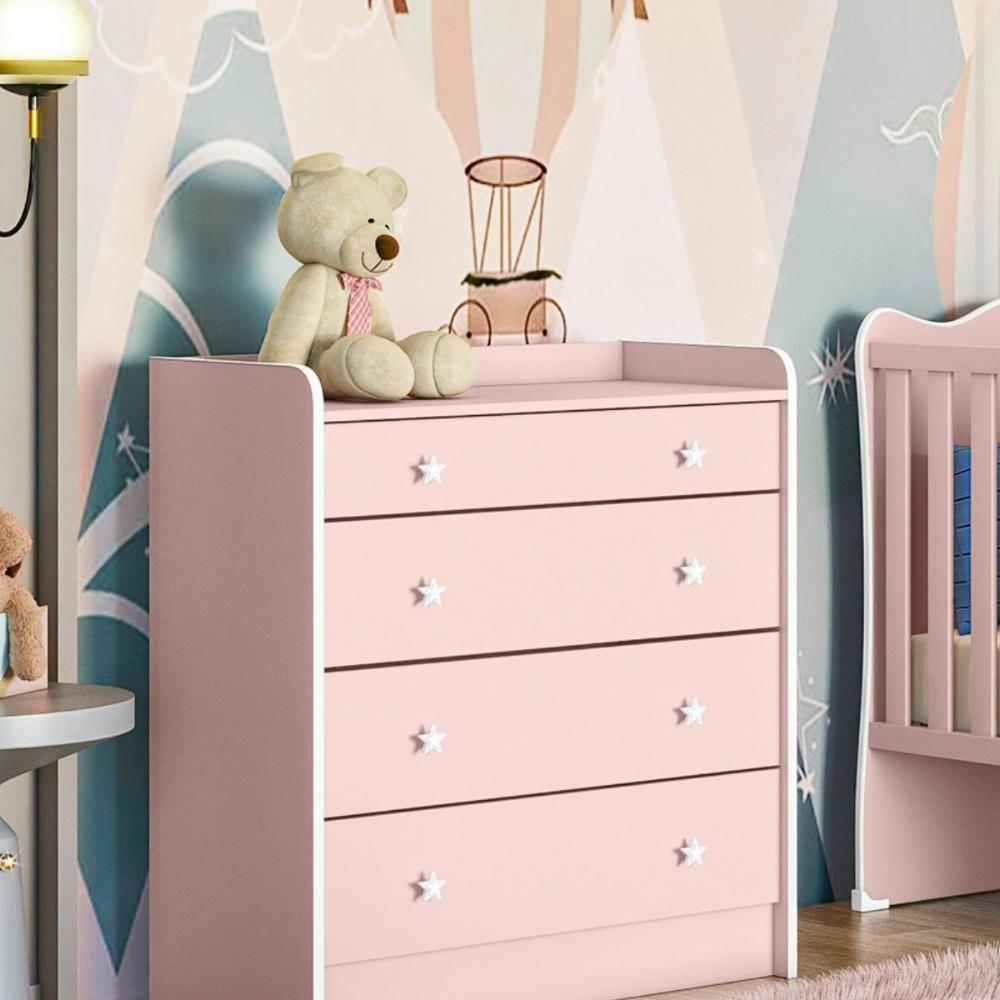 Conjunto Infantil Aurora Rosa: Berço Aurora + Kit Rodízios + Cômoda Aurora + Guarda-roupa Aurora - 2