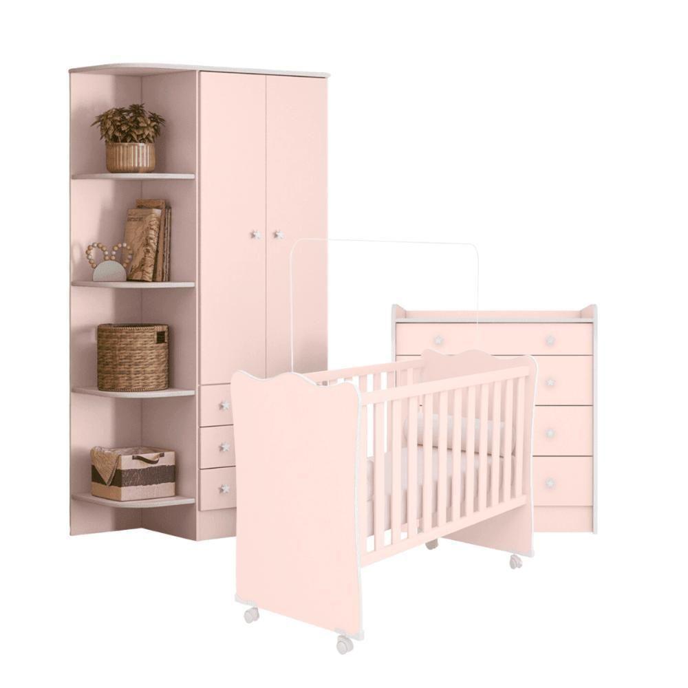 Conjunto Infantil Aurora Rosa: Berço Aurora + Kit Rodízios + Cômoda Aurora + Guarda-roupa Aurora - 3