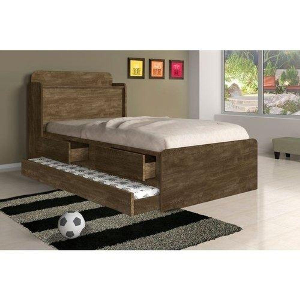 Cama Tamires Solteiro 0,88cm Com Auxiliar Castanho - Cambel - 1