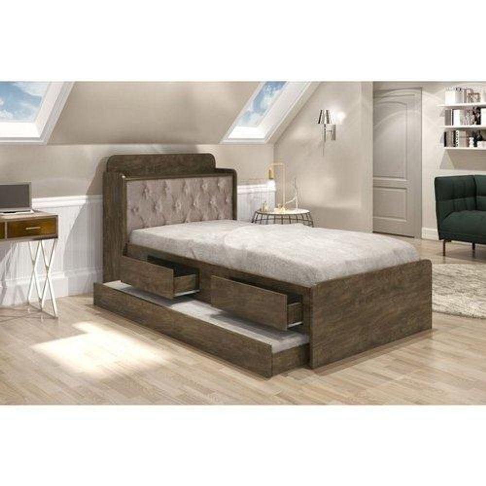 Cama Tamires Solteiro 0,88cm Com Auxiliar Castanho Com Capitonê Bege - Cambel - 1