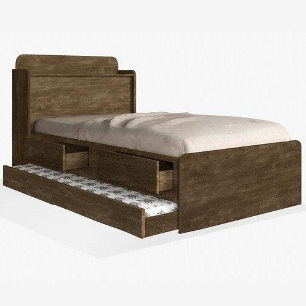 Cama Tamires Solteiro 0,88cm Com Auxiliar Castanho Com Capitonê Bege Dois Colchões- Cambel - 2