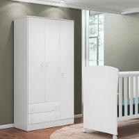 Conjunto Infantil Aurora Branco: Berço Aurora + Kit Rodízios + Cômoda Aurora + Guarda-roupa Aurora - 2