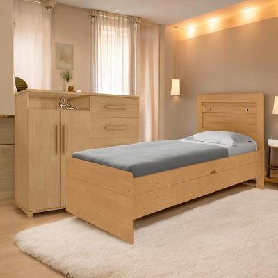 Conjunto de Cama Box Conjugada Solteiro Larissa e Helena com Colchão e Cômoda Naturalle Marrom