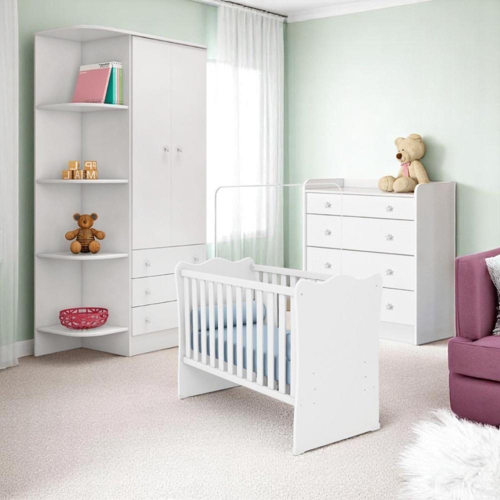 Conjunto Infantil Aurora Branco-branco: Berço Aurora + Cômoda Aurora + Guarda-roupa Aurora - 1
