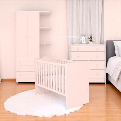 Conjunto Infantil Aurora Rosa Acetinado: Berço Aurora + Cômoda Aurora + Guarda-roupa Aurora