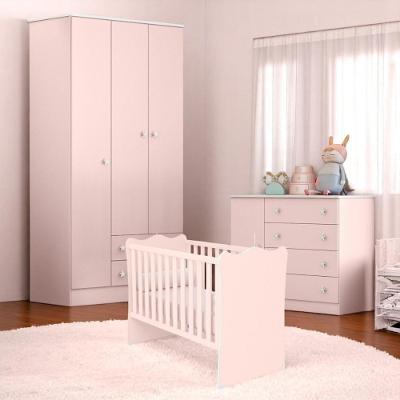 Conjunto Infantil Aurora Rosa Acetinado: Berço Aurora + Kit Rodízios + Cômoda Aurora + Guarda-roupa Aurora