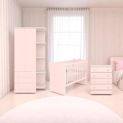 Conjunto Infantil Aurora Rosa Acetinado: Berço Aurora + Kit Rodízios + Cômoda Aurora + Guarda-roupa Aurora