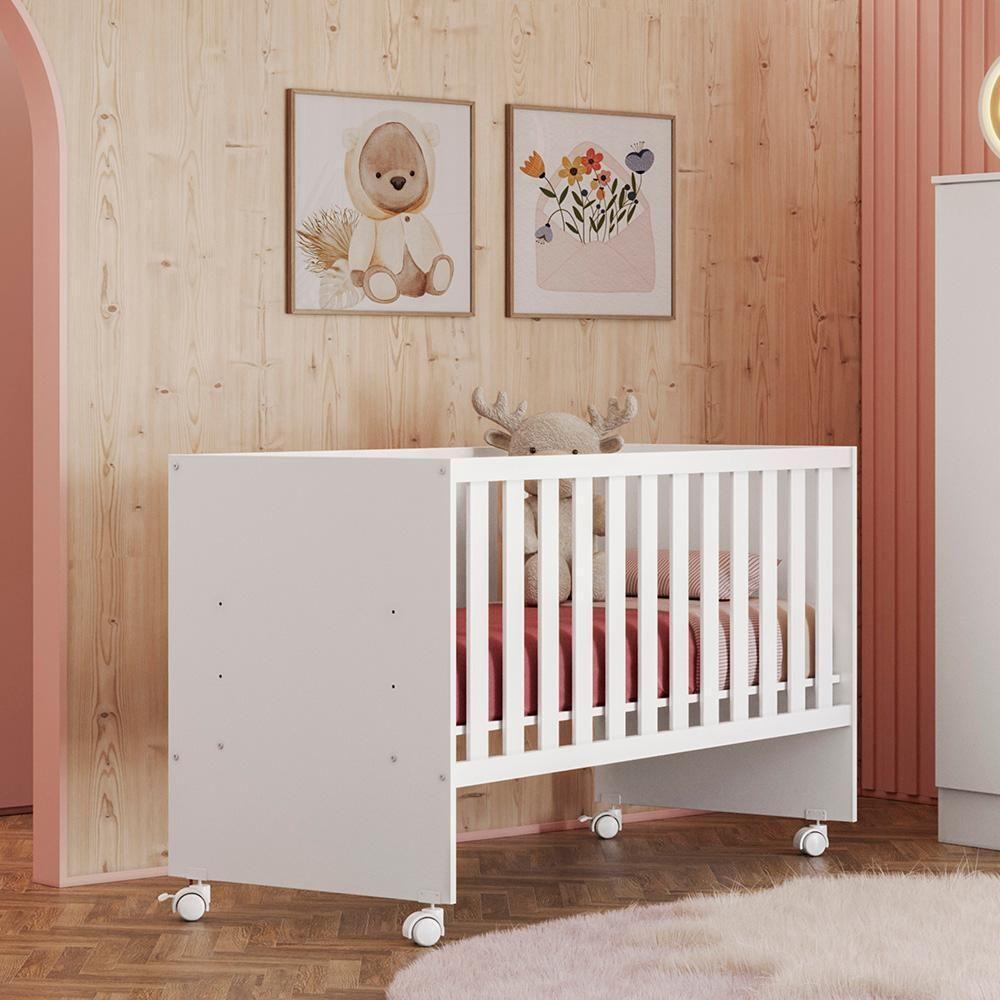 Conjunto Infantil Aurora Branco-branco: Berço Aurora + Rodízios + Guarda-roupa Com Cômoda Aurora - 3