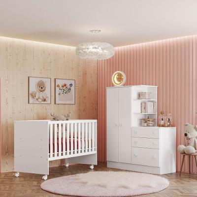 Conjunto Infantil Aurora Branco-branco: Berço Aurora + Rodízios + Guarda-roupa Com Cômoda Aurora